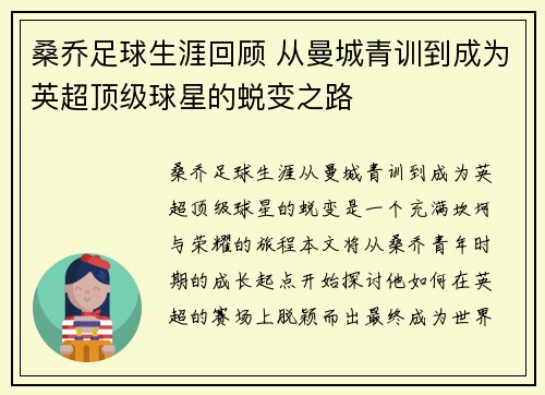 桑乔足球生涯回顾 从曼城青训到成为英超顶级球星的蜕变之路