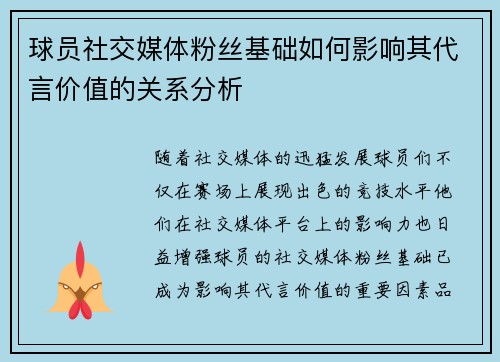 球员社交媒体粉丝基础如何影响其代言价值的关系分析 球员社交媒体粉丝基础如何影响其代言价值的关系分析