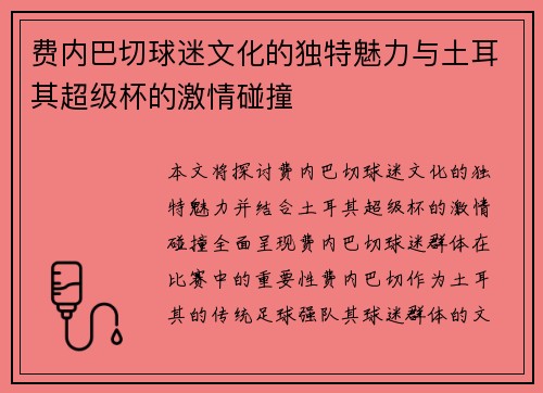 费内巴切球迷文化的独特魅力与土耳其超级杯的激情碰撞