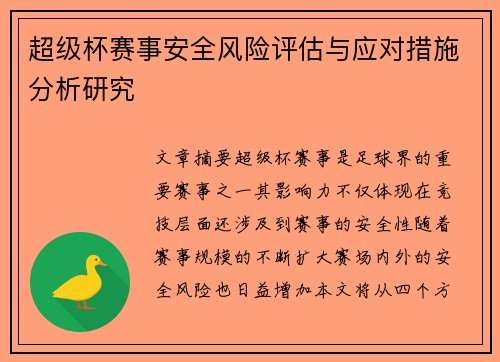 超级杯赛事安全风险评估与应对措施分析研究 超级杯赛事安全风险评估与应对措施分析研究